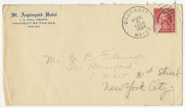 Describes the sea at Ogunquit and people she met there. Includes envelope. Transcription: St Aspinquid Hotel Ogunquit-By-The-Sea Maine July 4, 1926. Dearest Ernst: I am sorry not to be with you on these three days of holiday. I wish you had arranged to come here. The beauty of the coast line is grow. Public document types and statuses compared