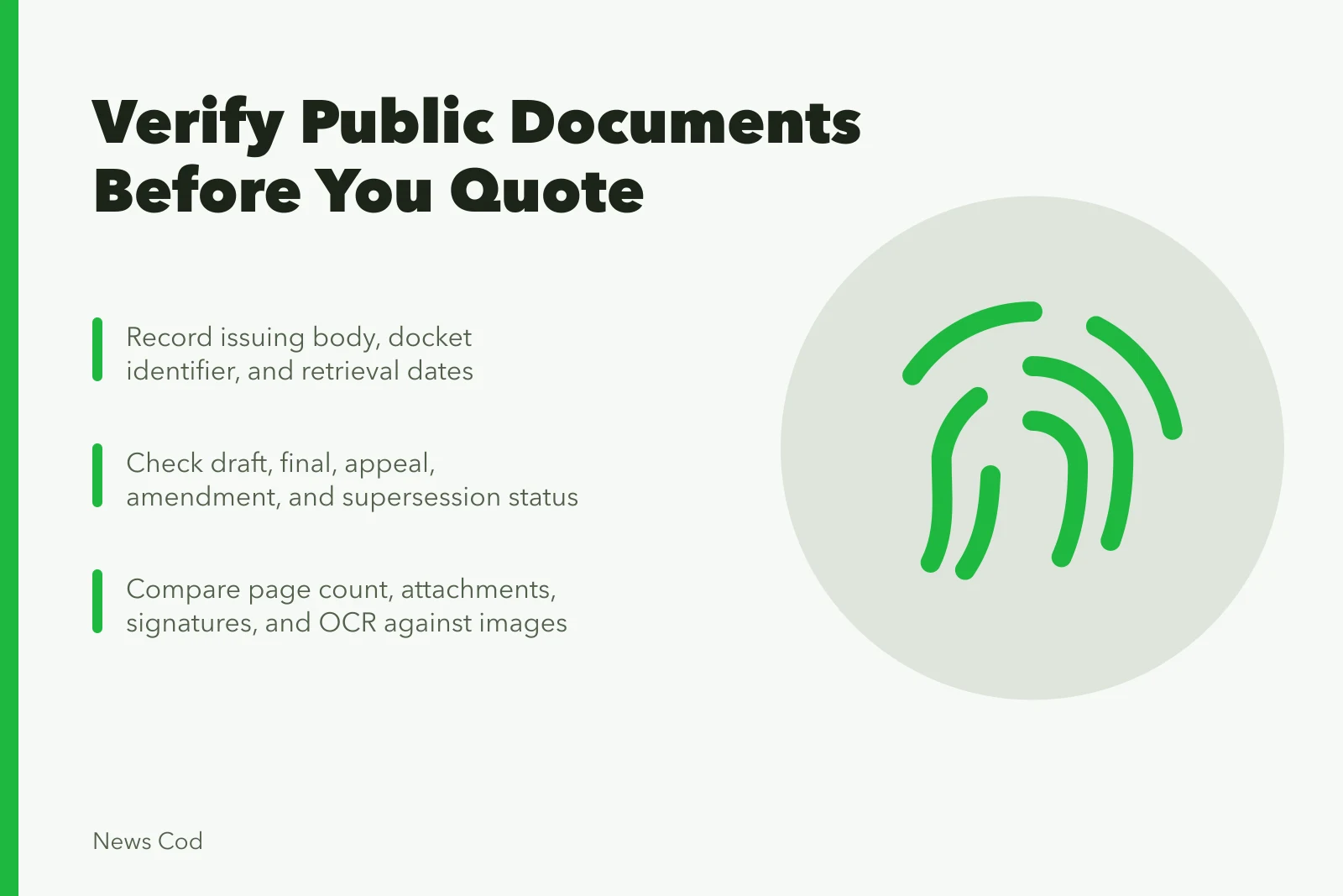 Checklist card for verifying public documents before quoting them. Public document verification checklist before you quote it