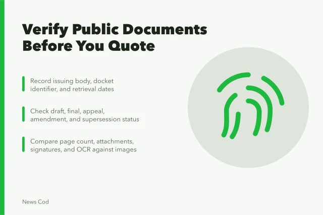 Checklist card for verifying public documents before quoting them. Public document verification checklist before you quote it