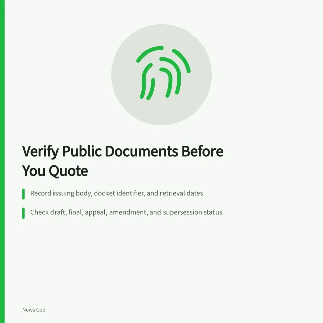 Checklist card for verifying public documents before quoting them. Public document verification checklist before you quote it