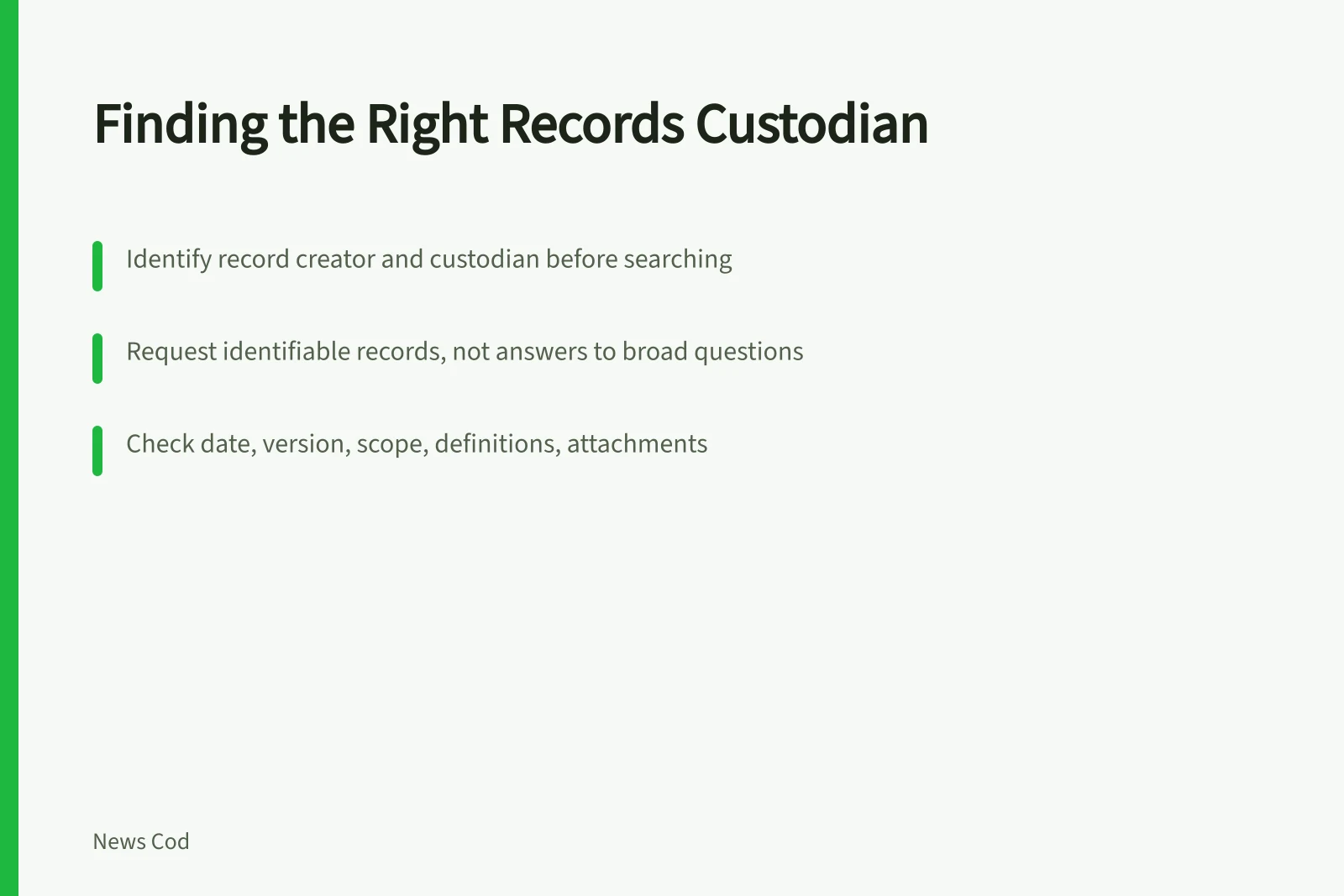Card on public records reporting: find custodians, request records, verify versions. Public records reporting starts with finding the right custodian