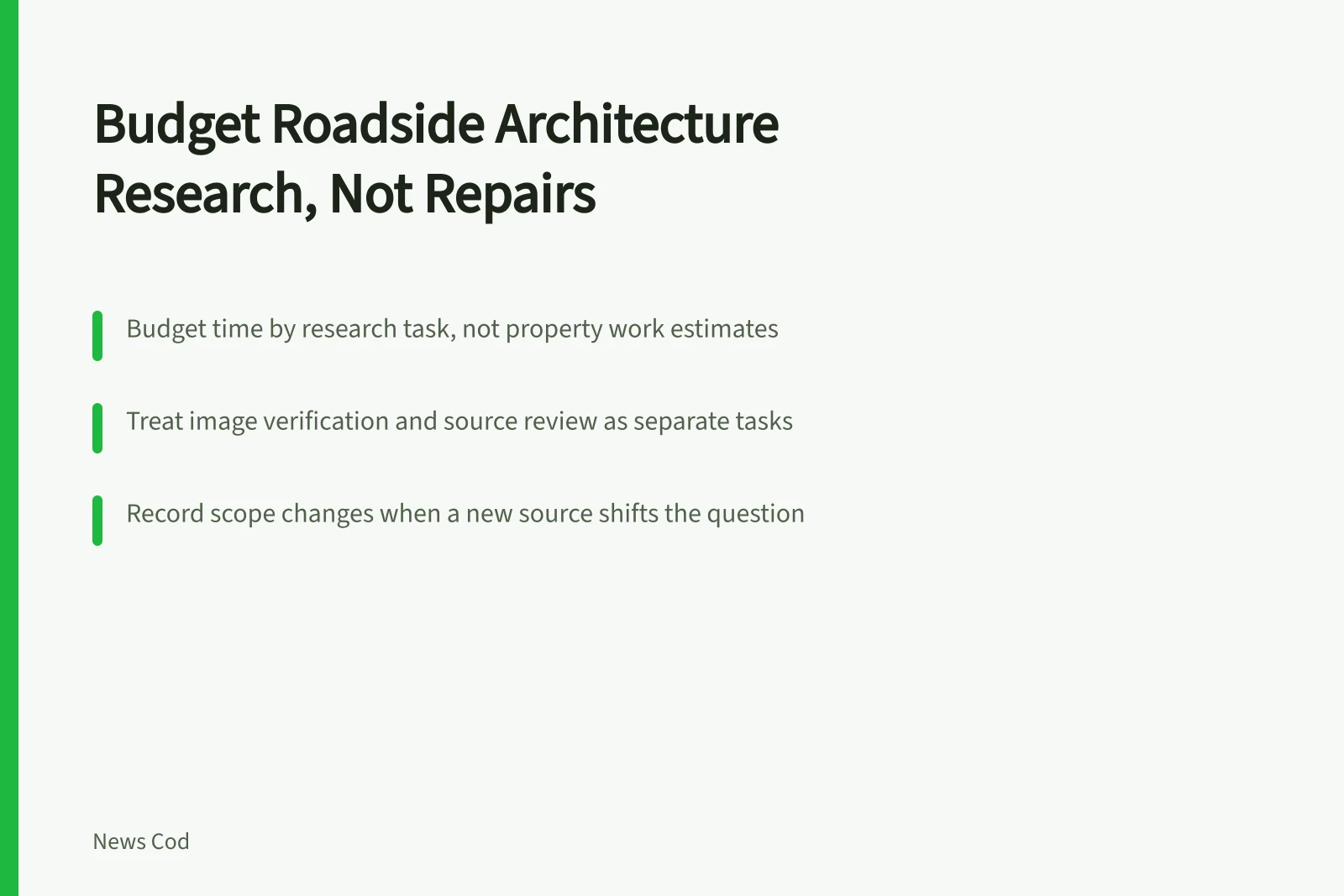 Card outlining research budget steps for roadside architecture case studies. How to write a roadside architecture case study budget note without false cost claims