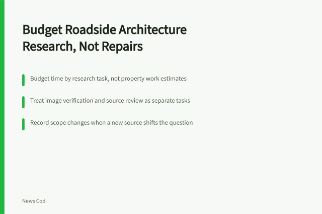 Card outlining research budget steps for roadside architecture case studies. How to write a roadside architecture case study budget note without false cost claims