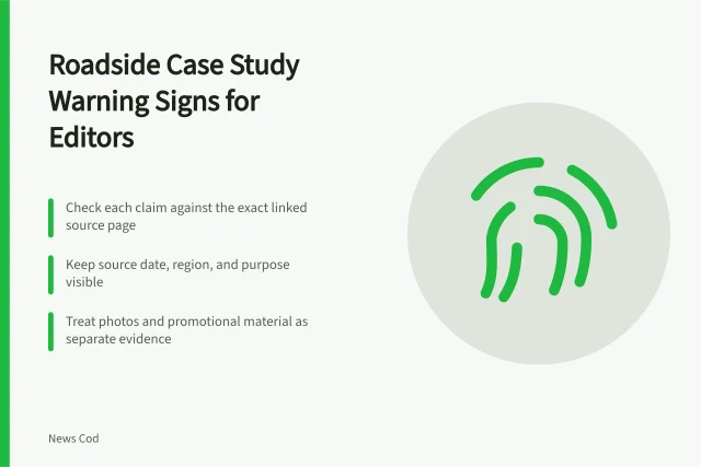Card listing three editorial checks for roadside building case studies. Roadside building case study warning signs every editor should catch