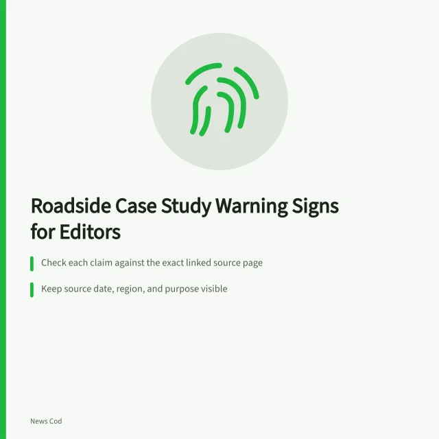 Card listing three editorial checks for roadside building case studies. Roadside building case study warning signs every editor should catch