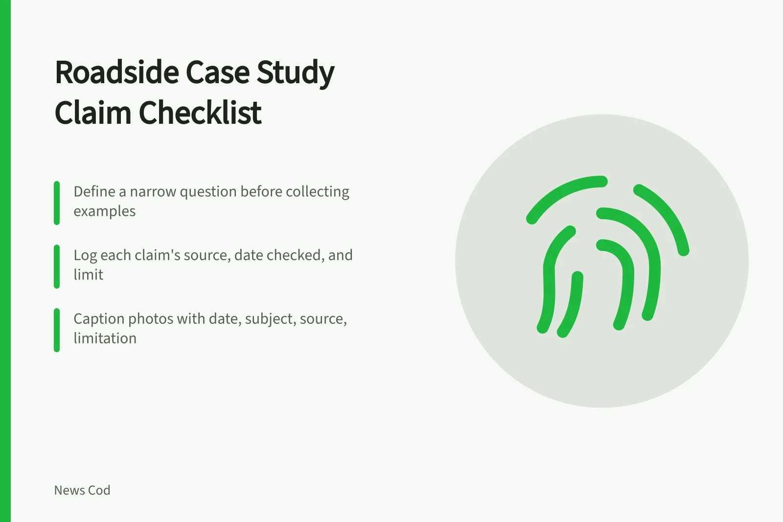 Checklist card for verifying roadside case study claims and sources. Roadside case study checklist: how to test every claim before you write