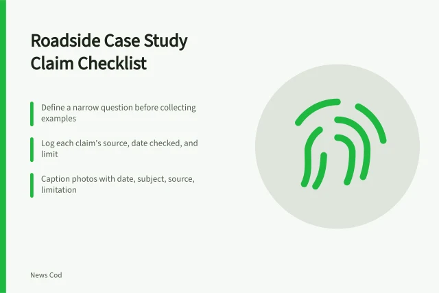 Checklist card for verifying roadside case study claims and sources. Roadside case study checklist: how to test every claim before you write