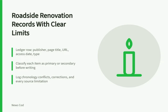 Card listing source ledger, classification, and chronology conflict steps for roadside renovation records. How to organize roadside renovation case study records with clear limits