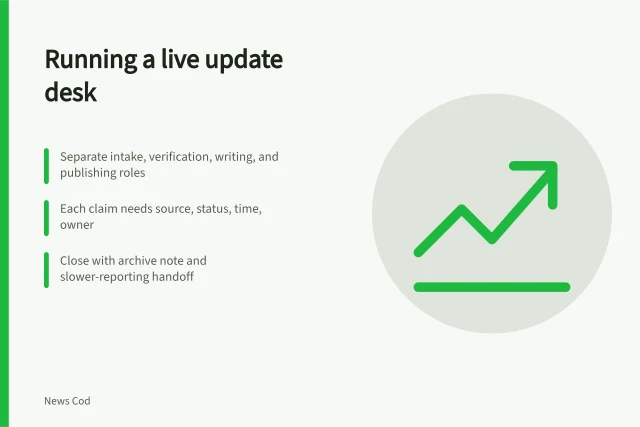 Card outlining live update desk roles, claim tracking, and closure steps. How to run a live update desk through a long news day