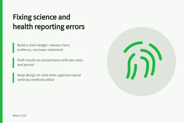 Checklist card for fixing science and health reporting claims. Science and health reporting problems and practical fixes in 2027