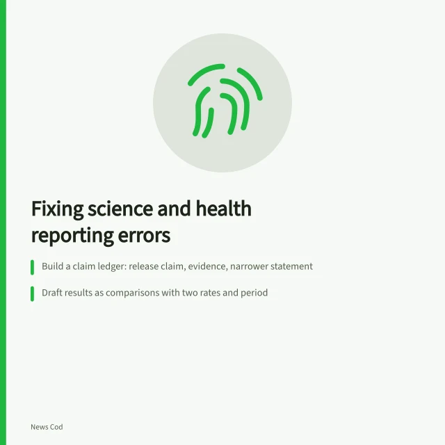 Checklist card for fixing science and health reporting claims. Science and health reporting problems and practical fixes in 2027