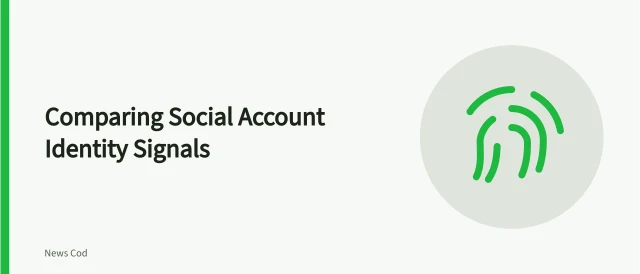 Card comparing social account identity signals: badges, official links, direct confirmation. Social account identity signals compared