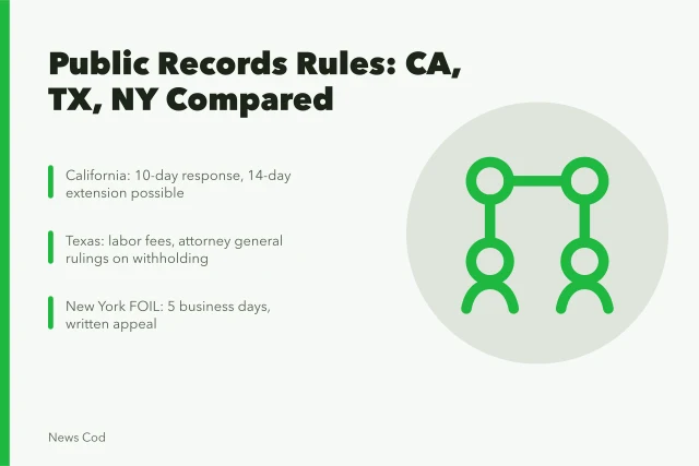 Comparison of California, Texas, and New York public records request rules. State public records compared: California, Texas, and New York request rules