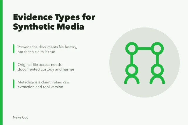 Card comparing provenance, original-file access, and metadata evidence for synthetic media. Synthetic media evidence types compared, and what each proves