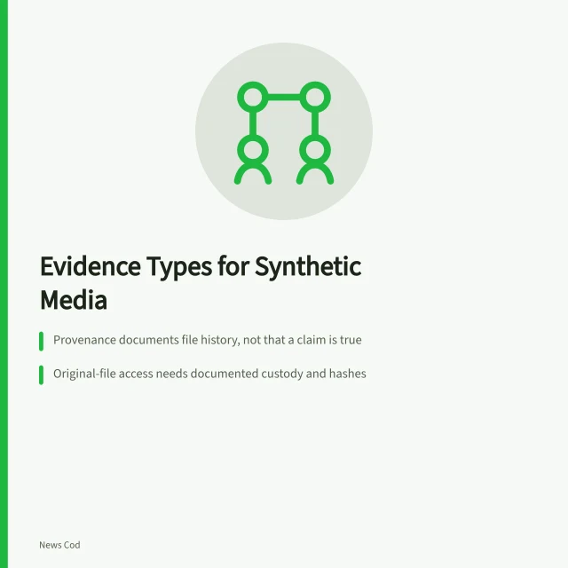 Card comparing provenance, original-file access, and metadata evidence for synthetic media. Synthetic media evidence types compared, and what each proves