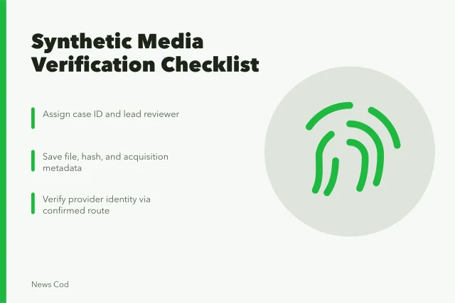 Checklist for verifying synthetic media with preservation and source steps. Synthetic media verification checklist for suspicious footage