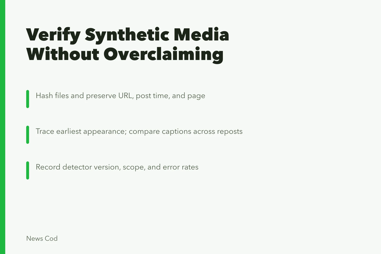 Card on synthetic media verification steps for reporters. Synthetic media verification: a working guide for reporters