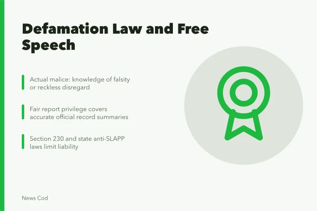 Card summarizing US defamation law, First Amendment, actual malice, and anti-SLAPP protections. How US defamation law and the First Amendment shape what you can share