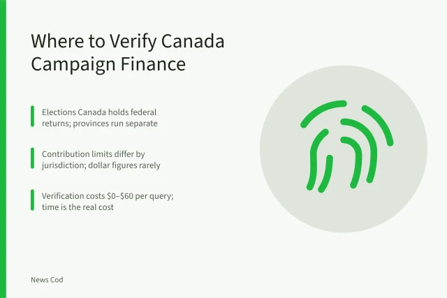 Card comparing federal and provincial campaign finance verification sources in Canada. Elections Canada vs Provincial Commissions: Where to Verify Campaign Finance Claims