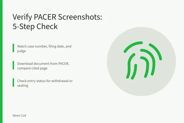 Card listing steps to verify PACER court filing screenshots. Is That Screenshot of a PACER Court Filing Real? A Verification Guide