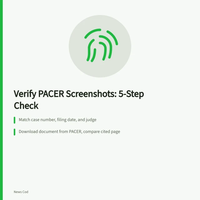 Card listing steps to verify PACER court filing screenshots. Is That Screenshot of a PACER Court Filing Real? A Verification Guide