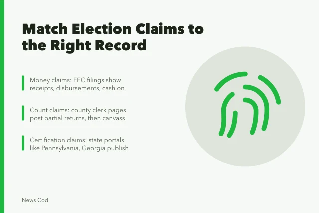 Checklist sorting election claims into FEC, county, and state records. How to check US election claims with FEC filings, county clerks, and state offices