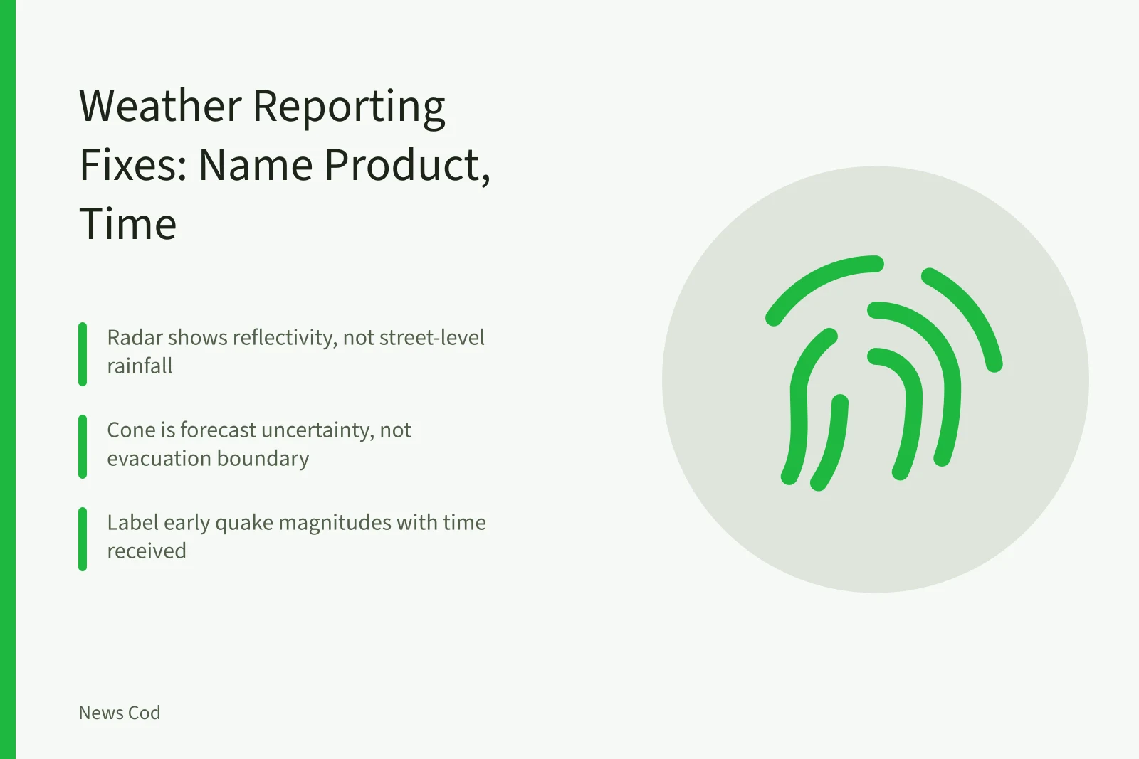 Card on weather reporting fixes: radar, cone, quake estimates. Weather and disaster reporting problems and fixes