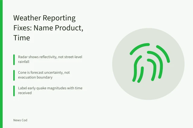 Card on weather reporting fixes: radar, cone, quake estimates. Weather and disaster reporting problems and fixes