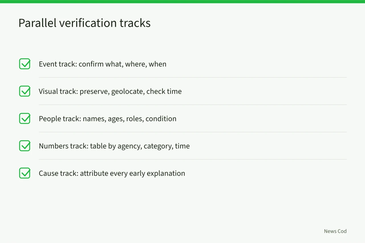Checklist of five parallel verification tracks for breaking news (Breaking news and crisis verification guide)