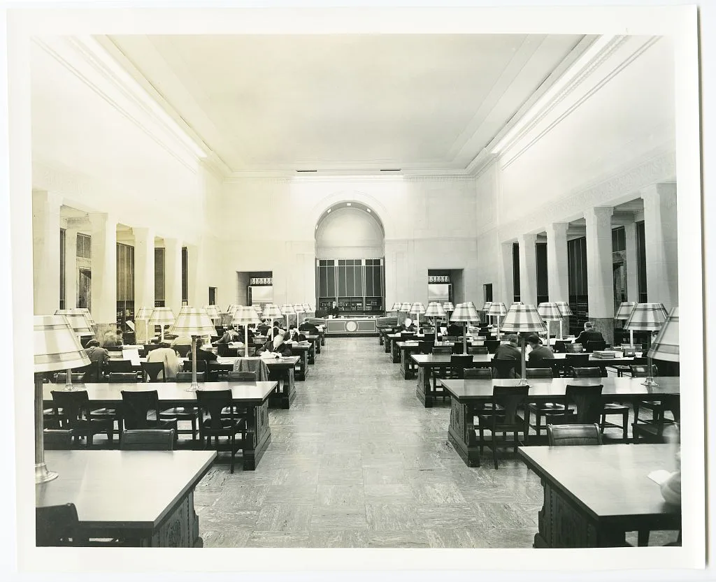 Researchers working in a Library of Congress reading room around 1940