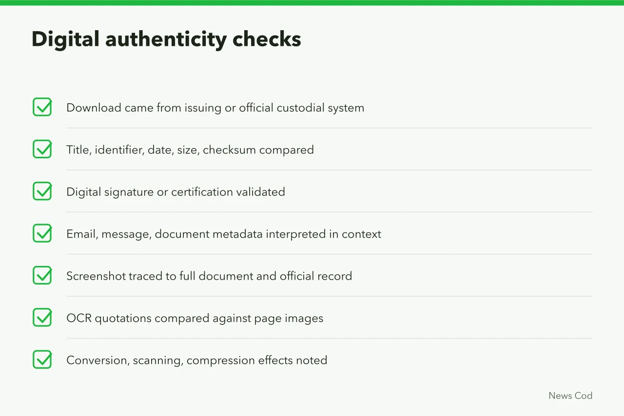 Checklist of digital authenticity verification steps for public documents (Public document verification checklist before you quote it)