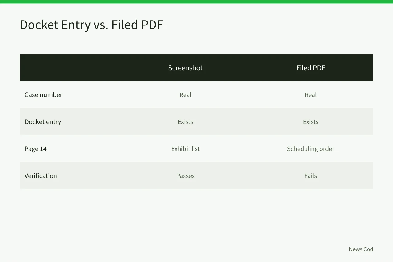 Comparison of screenshot page 14 showing exhibit list versus filed PDF showing scheduling order (Is That Screenshot of a PACER Court Filing Real? A Verification Guide)