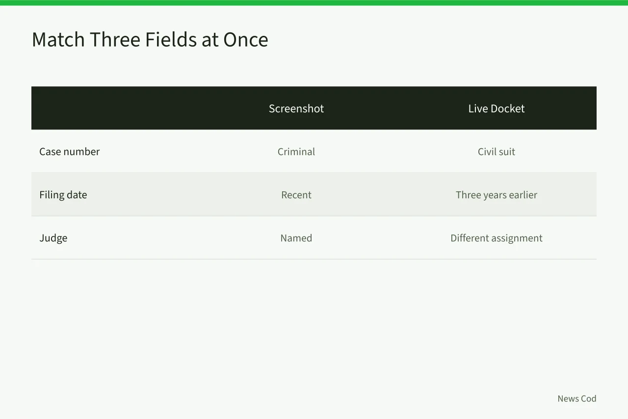 Table comparing screenshot fields to live docket showing mismatched case type, date, and judge (Is That Screenshot of a PACER Court Filing Real? A Verification Guide)