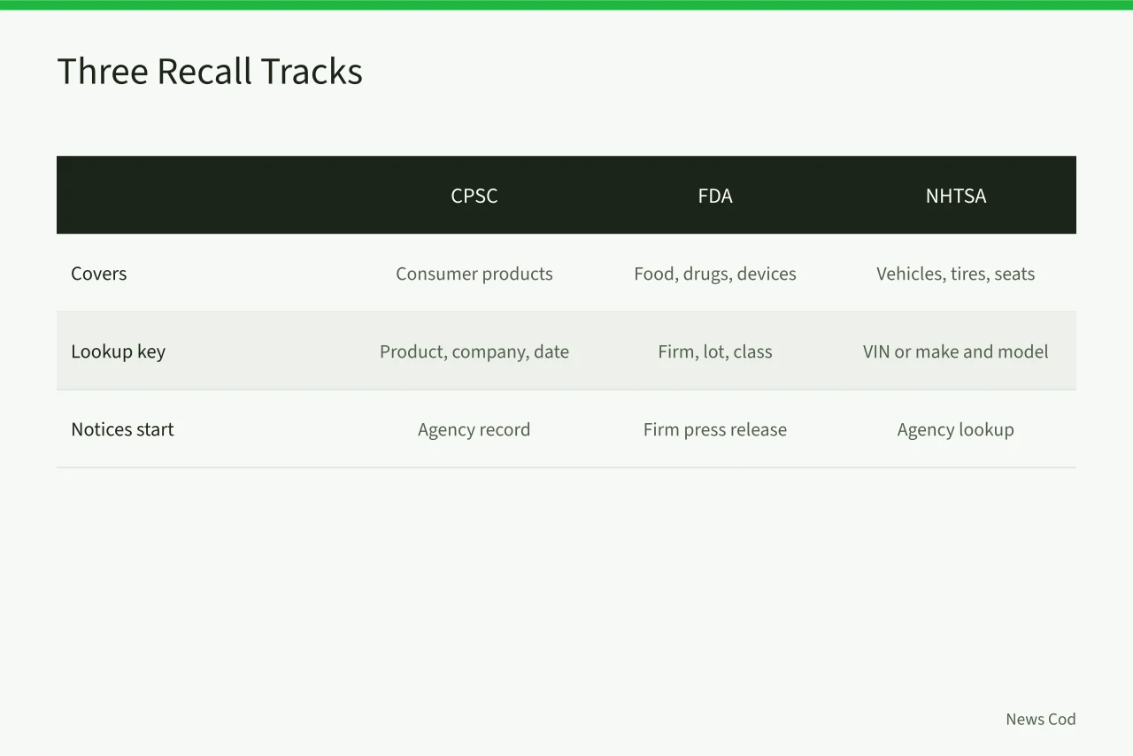 Comparison of CPSC, FDA and NHTSA recall scopes and lookup keys (How to Verify a Product Recall Claim Before You Report It)