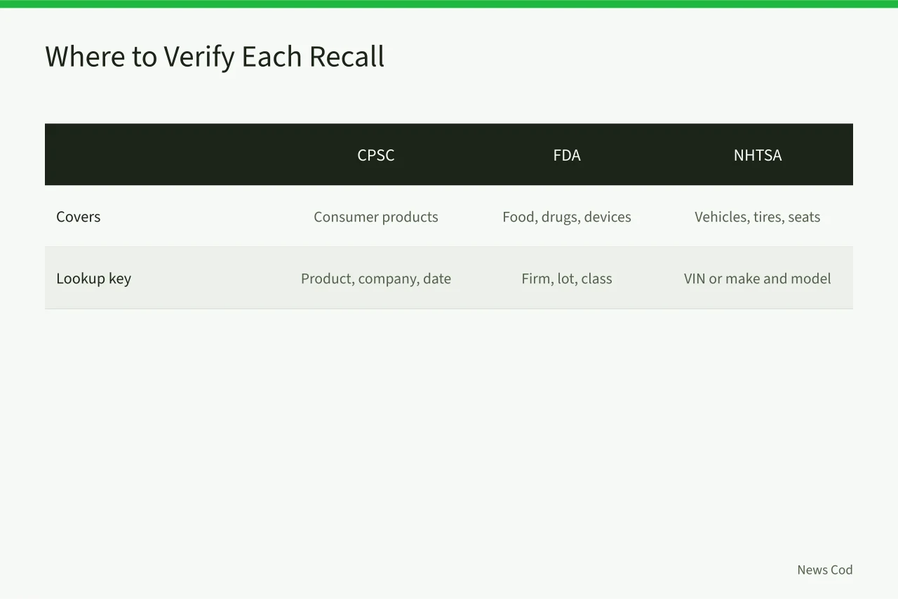Table of agency recall databases and their lookup keys (How to Verify a Product Recall Claim Before You Report It)