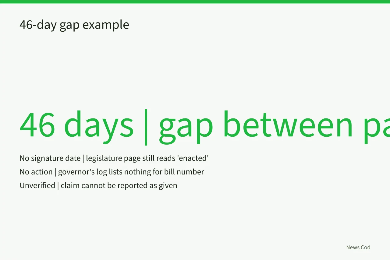 Statistic showing a 46-day gap with no governor action recorded (5 Checks for a State Bill Signing Claim Before You Report It)